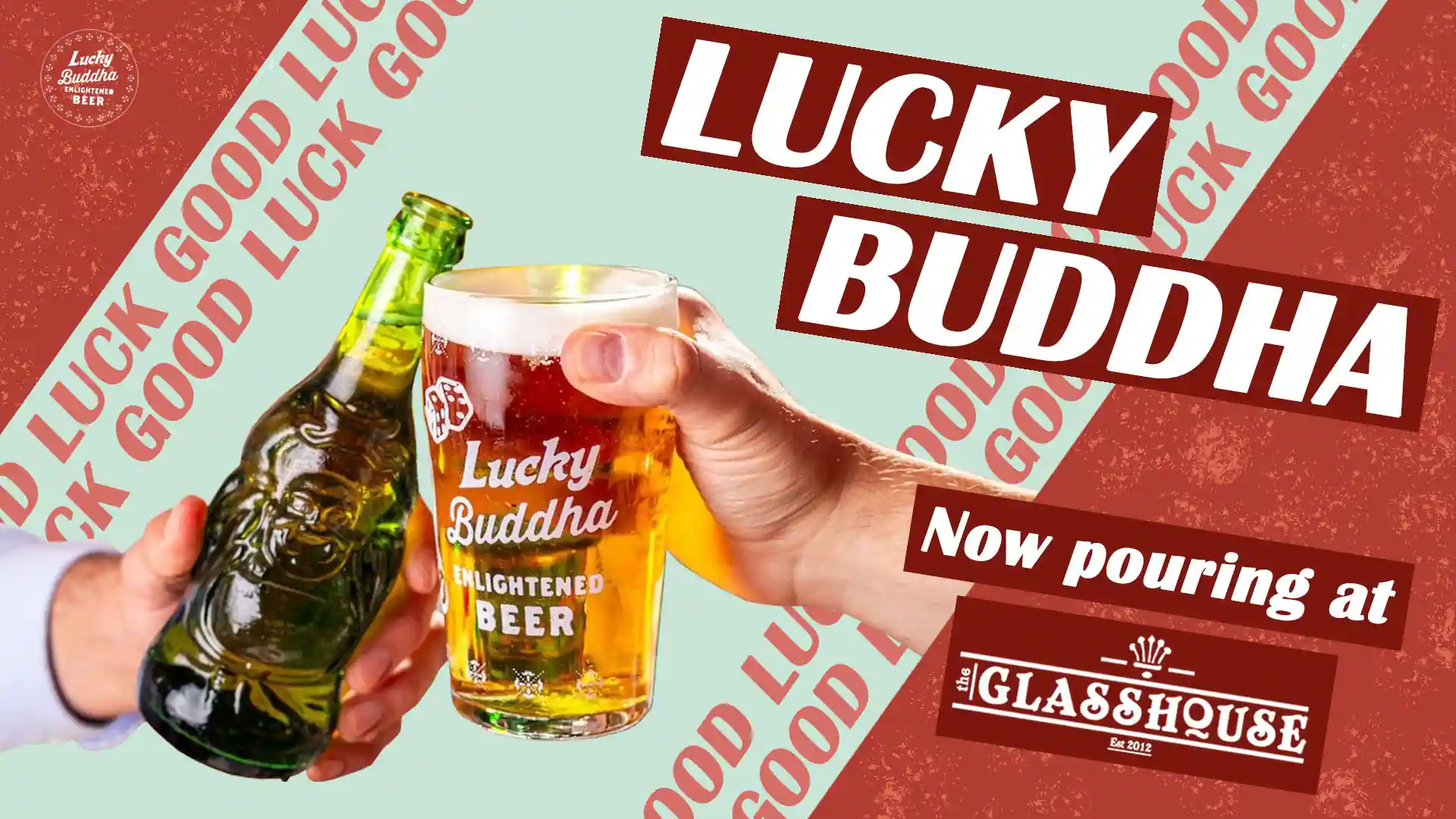 An blue and red advertisement for lucky buddha beer